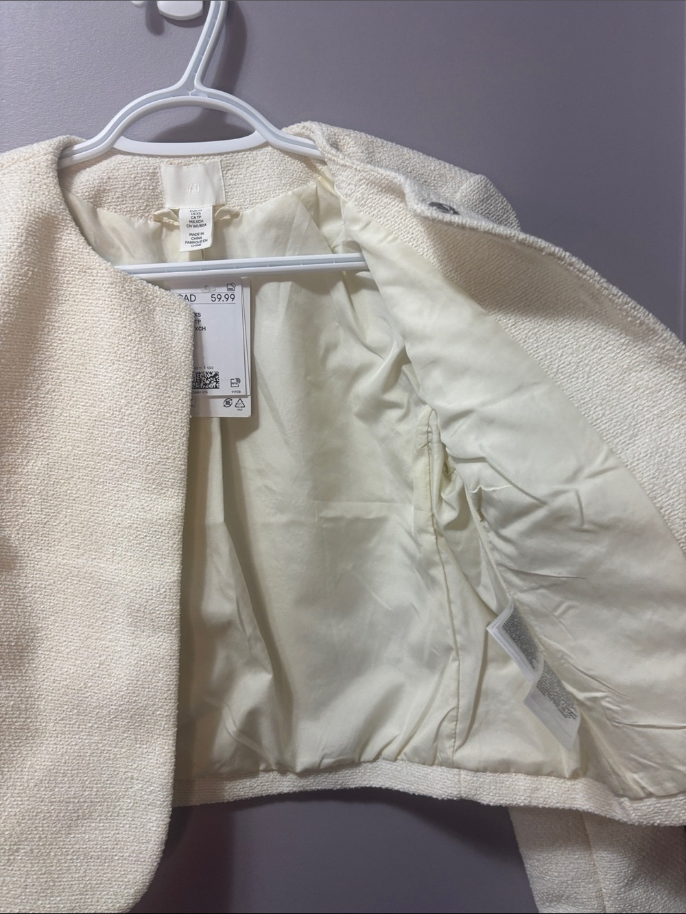 NWT H&M Cream Short Jacket | Bouclé Tweed Cropped Collarless Snap Button | XS - Picture 9 of 10